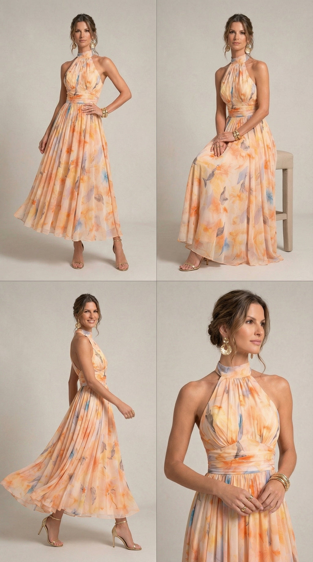 Vestido Esther con cuello halter y estampado de acuarela.
