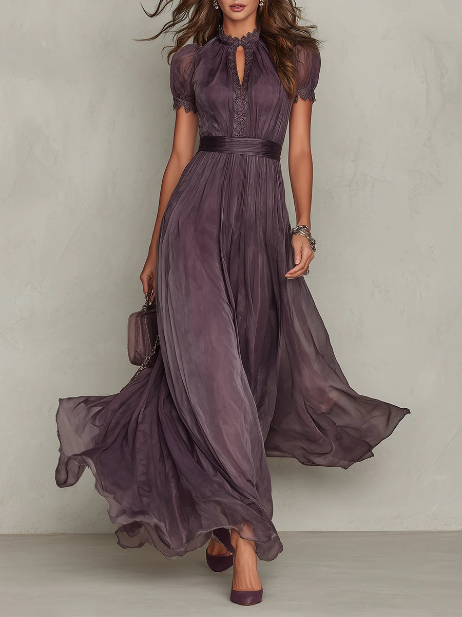 Florbela - Vestido largo de gasa morada con encaje y escote estilo ojo de cerradura vintage.