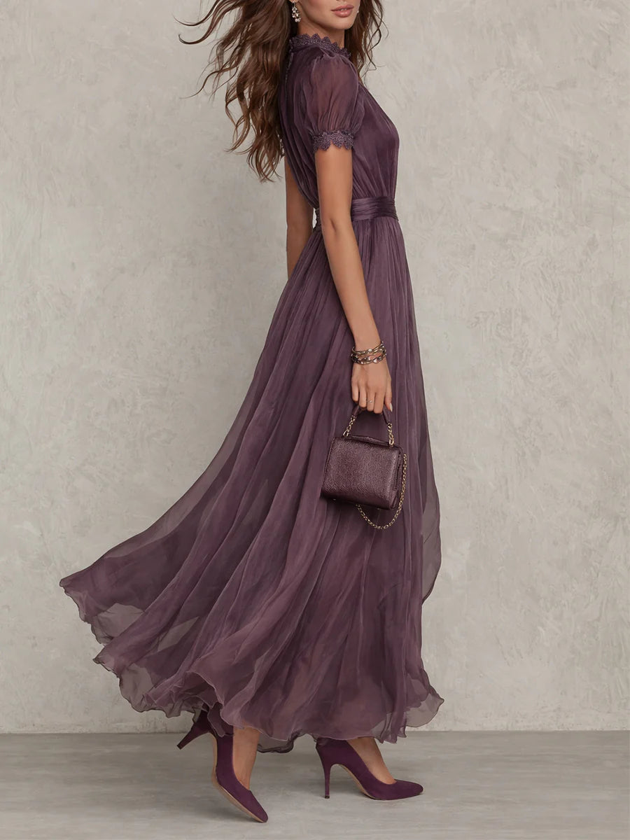 Florbela - Vestido largo de gasa morada con encaje y escote estilo ojo de cerradura vintage.