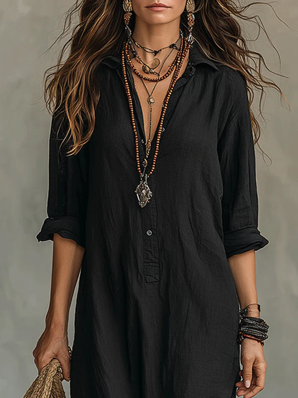 Linnen Dress Bohemio con botones delanteros