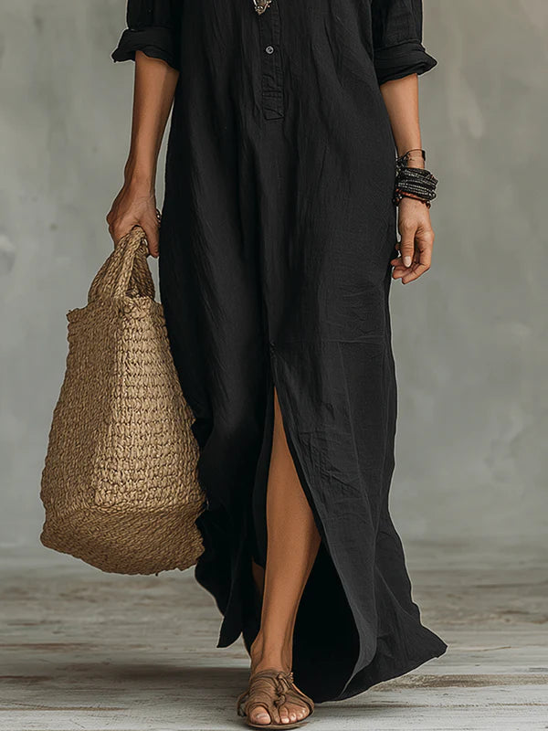 Linnen Dress Bohemio con botones delanteros