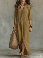 Linnen Dress Bohemio con botones delanteros