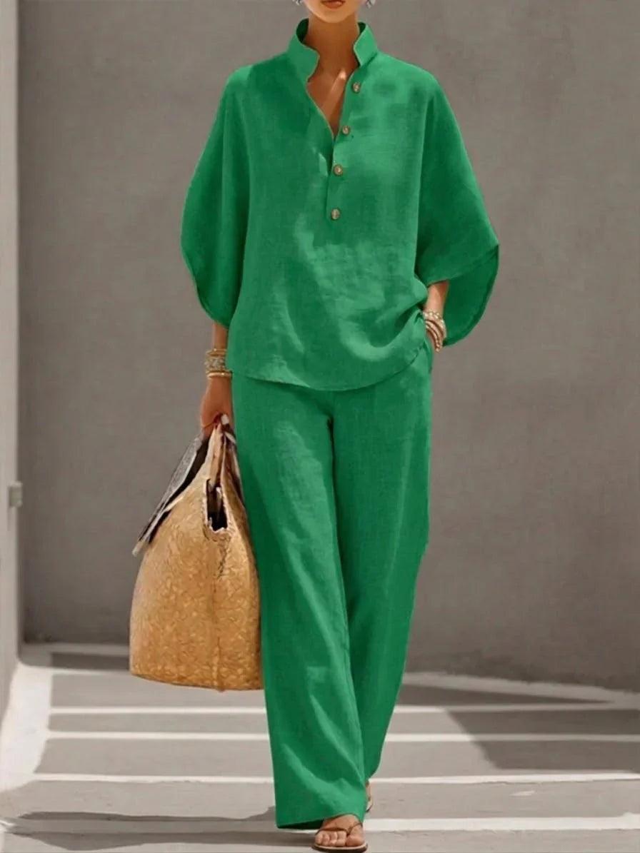 Sofia | Conjunto de lino con mangas murciélago y pantalón ancho