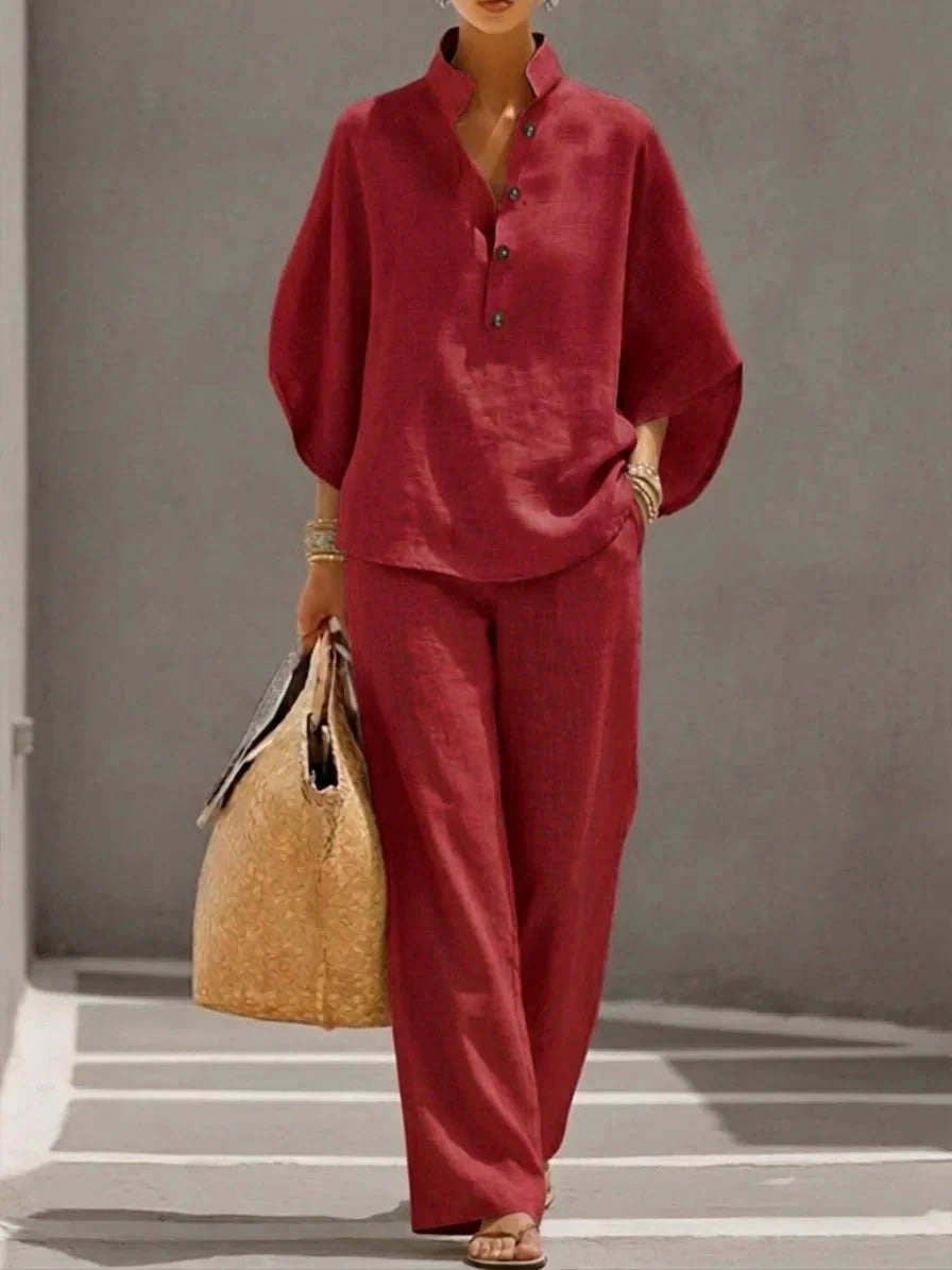 Sofia | Conjunto de lino con mangas murciélago y pantalón ancho