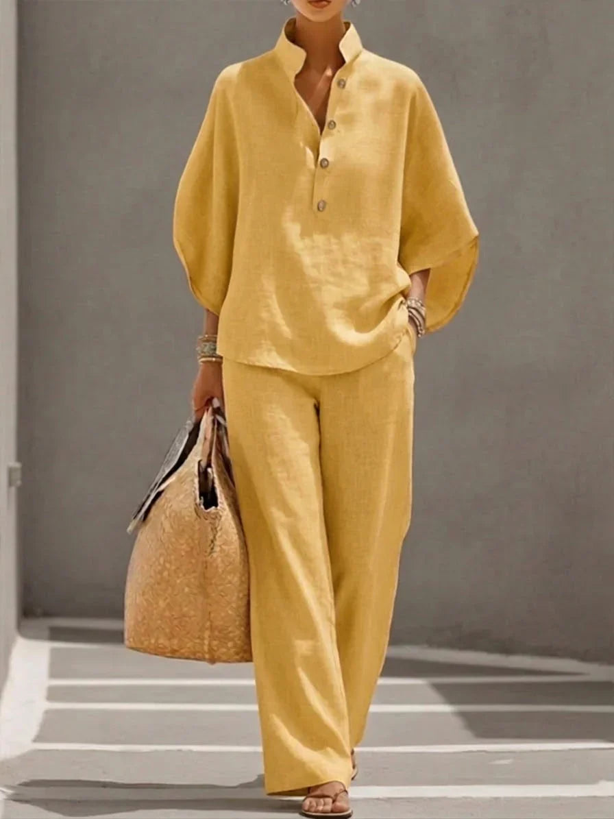 Sofia | Conjunto de lino con mangas murciélago y pantalón ancho