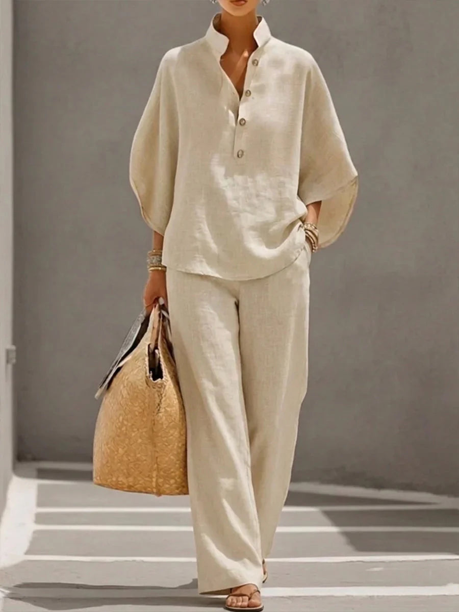 Sofia | Conjunto de lino con mangas murciélago y pantalón ancho