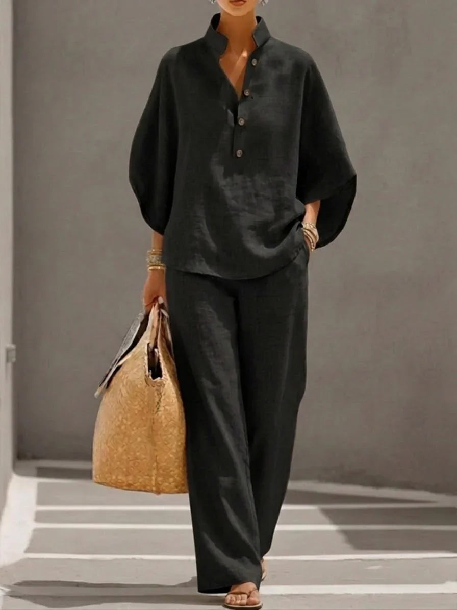 Sofia | Conjunto de lino con mangas murciélago y pantalón ancho