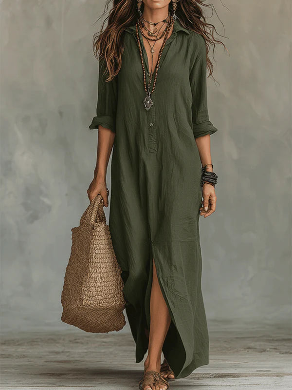 Linnen Dress Bohemio con botones delanteros