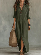 Linnen Dress Bohemio con botones delanteros