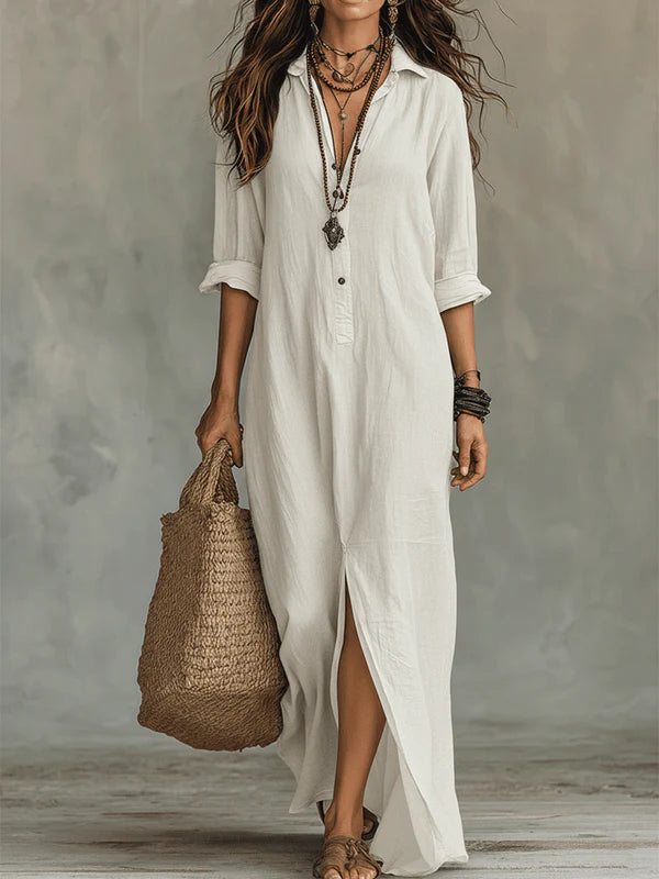 Linnen Dress Bohemio con botones delanteros
